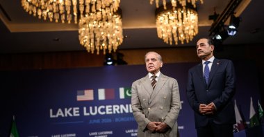 Pakistani Prime Minister Muhammad Shahbaz Sharif (L) stands with Pakistani Chief of Army Staff Field Marshal Asim Munir during the quadrilateral meeting between the U.S., Iran, Pakistan and Qatar at the Burgenstock luxury hotel complex overlooking Lake Lucerne, Switzerland, June 21, 2026. (AP Photo)