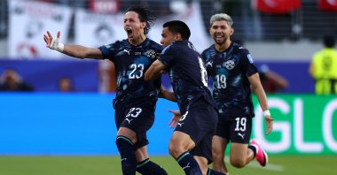 Paraguay's Matias Galarza celebrates (L) with teammates after scoring the team's first goal during the 2026 FIFA World Cup Group D match against Türkiye at San Francisco Bay Area Stadium, Santa Clara, U.S., June 19, 2026. (AFP Photo)