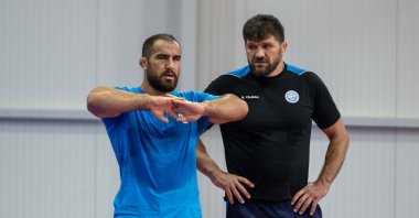 Başpehlivan Feyzullah Aktürk (L) trains ahead of the 665th Kırkpınar Oil Wrestling Tournament alongside ASKİ Oil Wrestling Team Coordinator Şaban Yılmaz, Ankara, June 18, 2026. (AA Photo)
