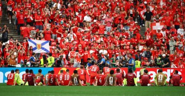 
Switzerland players celebrate after the match against Canada, Vancouver, June 24, 2026. (Reuters Photo)