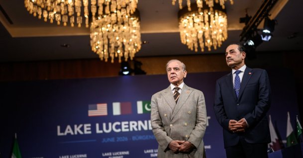 Pakistani Prime Minister Muhammad Shahbaz Sharif (L) stands with Pakistani Chief of Army Staff Field Marshal Asim Munir during the quadrilateral meeting between the U.S., Iran, Pakistan and Qatar at the Burgenstock luxury hotel complex overlooking Lake Lucerne, Switzerland, June 21, 2026. (AP Photo)