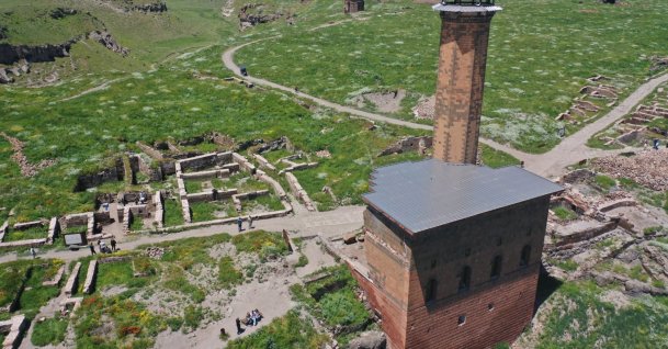 An aerial view of the excavation site in Ani, a UNESCO World Heritage site, Kars, eastern Türkiye, June 22, 2026. (AA Photo)