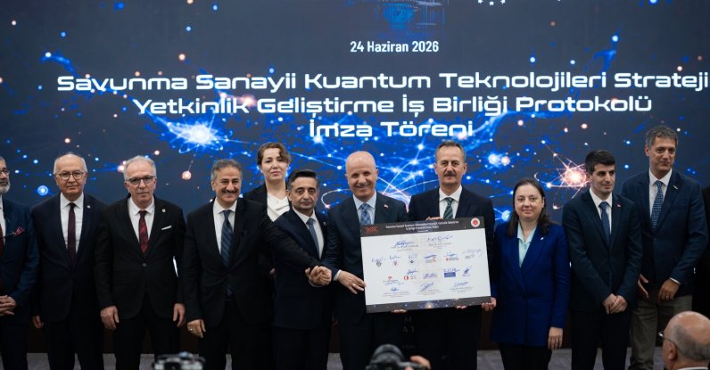 Officials attend the launch of the SSB Quantum Program hosted by Türkiye’s Defense Industries Secretariat (SSB), bringing together Higher Education Council (YÖK) President Erol Özvar, university rectors, academics and industry representatives, Ankara, June 24, 2026. (AA Photo)