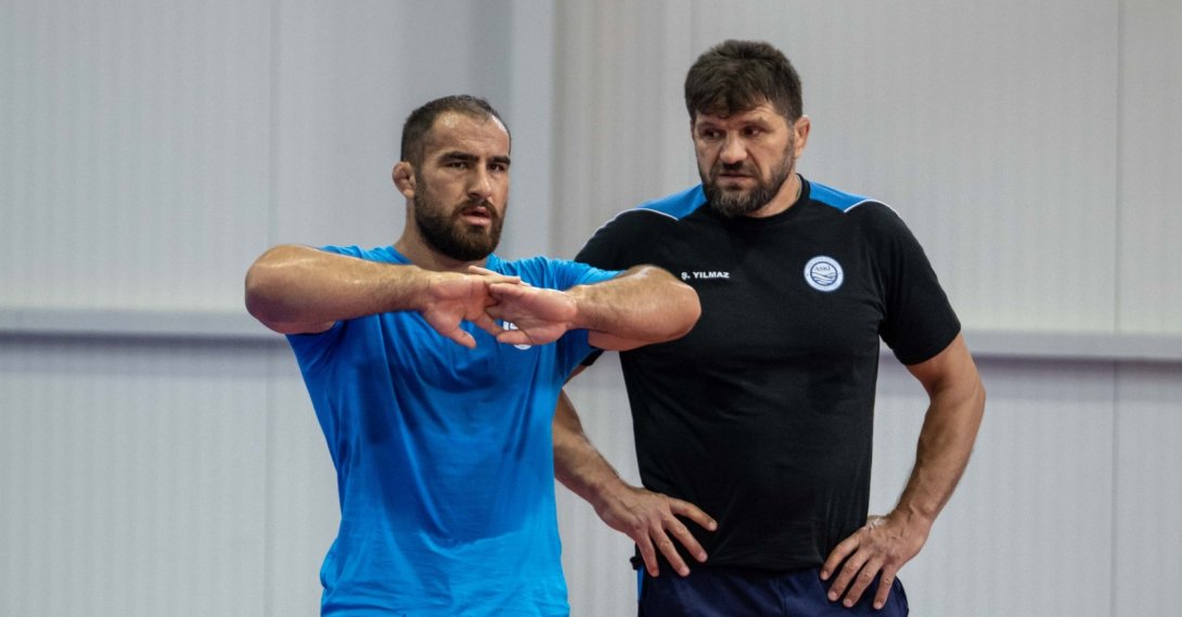 Başpehlivan Feyzullah Aktürk (L) trains ahead of the 665th Kırkpınar Oil Wrestling Tournament alongside ASKİ Oil Wrestling Team Coordinator Şaban Yılmaz, Ankara, June 18, 2026. (AA Photo)
