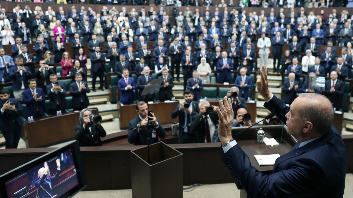 President Recep Tayyip Erdoğan greets AK Party lawmakers during a parliamentary group meeting, Ankara, Türkiye, June 24, 2026. (DHA Photo)
