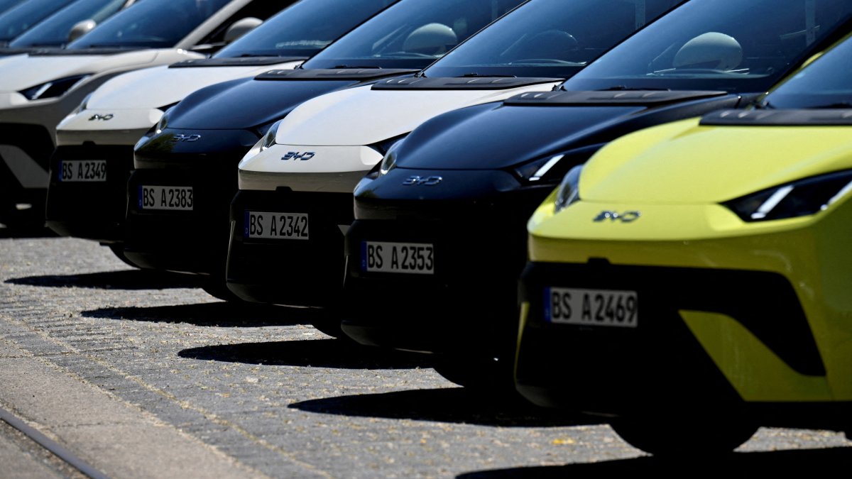 BYD Dolphin Surf electric cars are parked in front of the venue where BYD carmaker holds a vehicle presentation event in Berlin, Germany, May 21, 2025. (Reuters Photo)