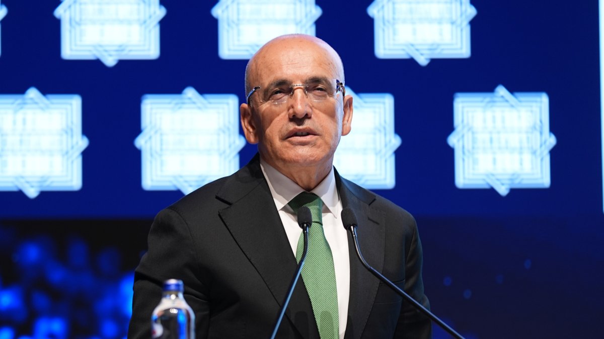 Treasury and Finance Minister Mehmet Şimşek speaks at an event, Istanbul, Türkiye, June 12, 2026. (AA Photo)