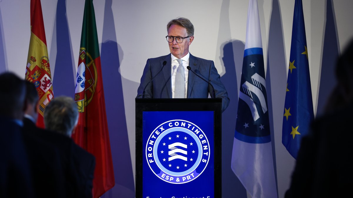 Frontex Executive Director Hans Leijtens delivers a speech at the presentation of the Frontex contingent in Lisbon, Portugal, 24 June 2026. (EPA Photo)