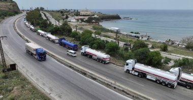 A drone view shows oil trucks arriving from Iraq on their way to the Baniyas oil terminal, Syria, May 14, 2026. (Reuters Photo)