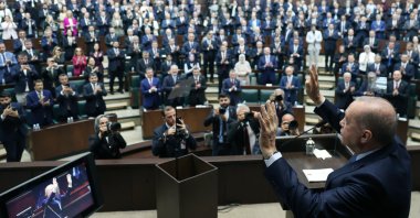 President Recep Tayyip Erdoğan greets AK Party lawmakers during a parliamentary group meeting, Ankara, Türkiye, June 24, 2026. (DHA Photo)