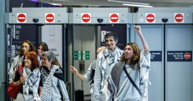 French activists detained and deported by Israel following the interception of their Gaza-bound flotilla arrive at Roissy Charles de Gaulle airport near Paris, France, May 22, 2026. (AFP Photo)