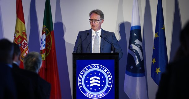 Frontex Executive Director Hans Leijtens delivers a speech at the presentation of the Frontex contingent in Lisbon, Portugal, 24 June 2026. (EPA Photo)