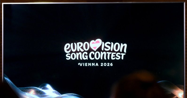 A screen shows the logo of the Eurovision Song Contest (ESC) 2026 during a press conference of Austrian national public broadcaster ORF in Vienna, Dec.16, 2025. (AFP File Photo)