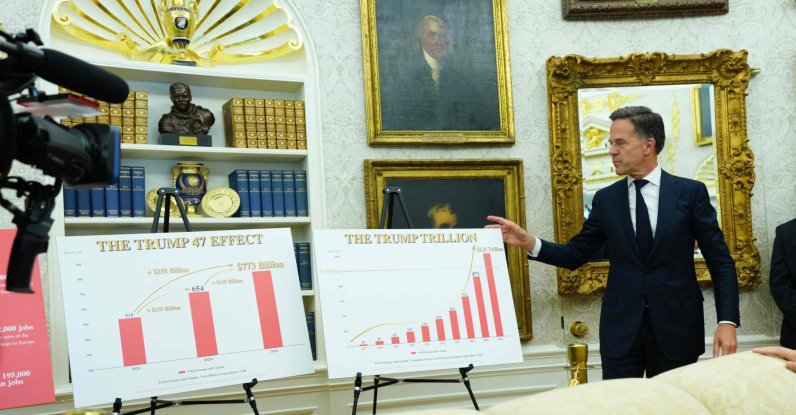 NATO Secretary-General Mark Rutte shows charts during a meeting with U.S. President Donald Trump in the Oval Office of the White House in Washington, D.C.,  June 24, 2026. (AFP Photo)