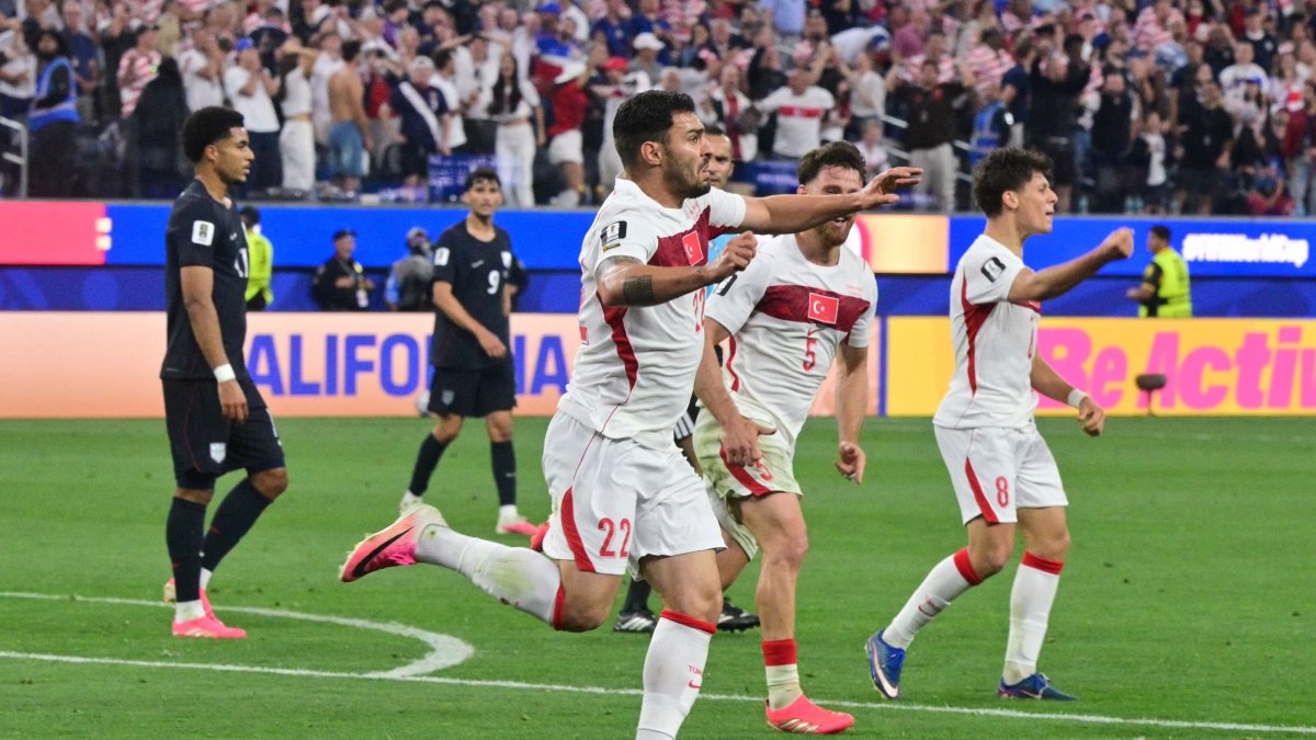 Türkiye's Kaan Ayhan celebrates after scoring his team’s third goal during the 2026 World Cup Group D match against USA at the Los Angeles Stadium, Inglewood, U.S., June 25, 2026. (AFP Photo)