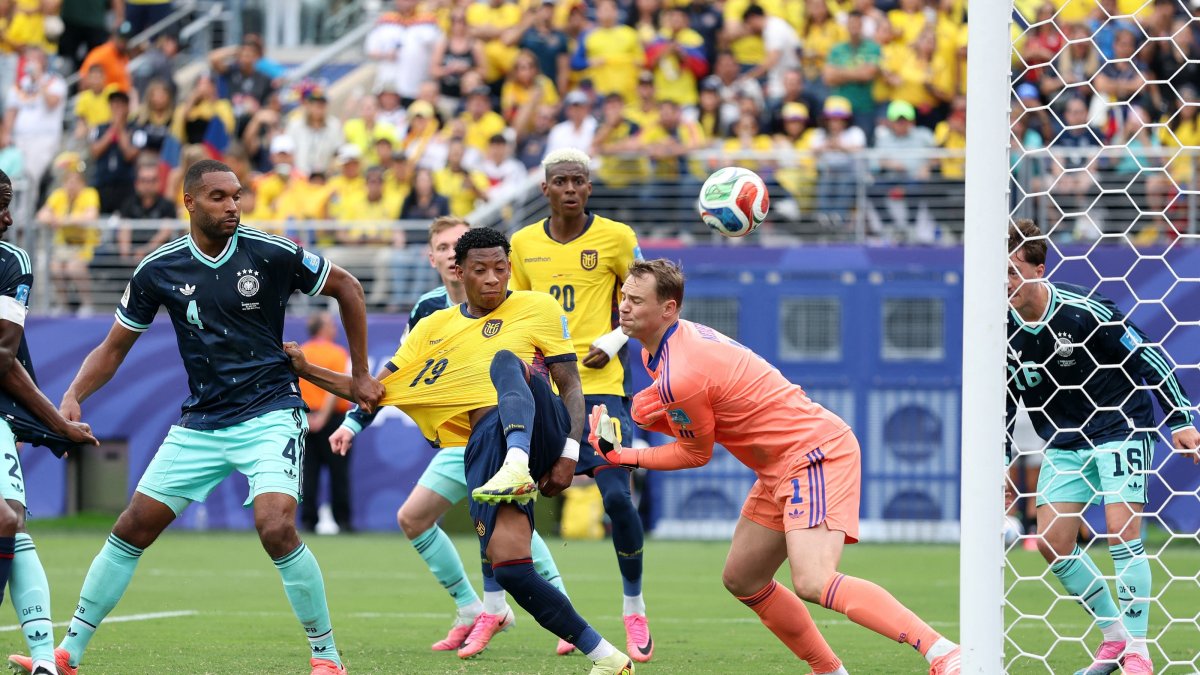 Ecuador's Gonzalo Plata (C) scores during the 2026 FIFA World Cup Group E match against Germany at New York New Jersey Stadium, East Rutherford, U.S., June 25, 2026. (AFP Photo)