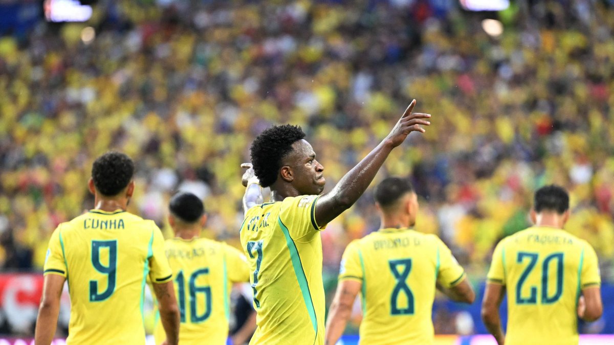 Brazil's Vinicius Junior celebrates after scoring his team's second goal during the 2026 World Cup Group C football match against Scotland at the Miami Stadium, Miami Gardens, U.S., June 24, 2026. (AFP Photo)