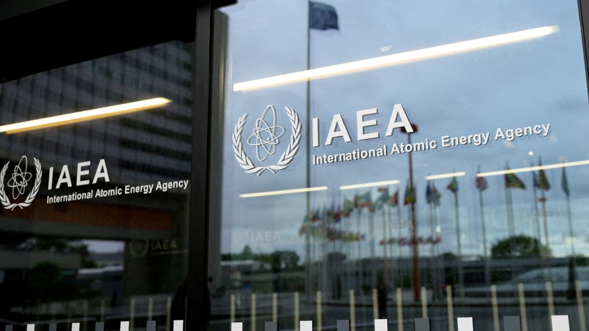 The IAEA logo is displayed in front of the agency’s headquarters, Vienna, Austria, June 5, 2026. (Reuters Photo)
