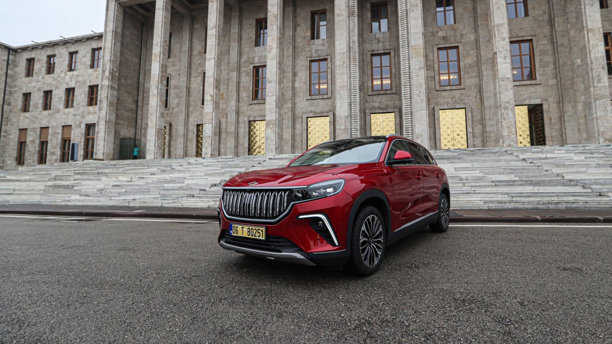 Türkiye’s first domestically produced car, Togg, is displayed in front of the Turkish Grand National Assembly (TBMM), Ankara, Türkiye, Dec. 12, 2022. (AA Photo)