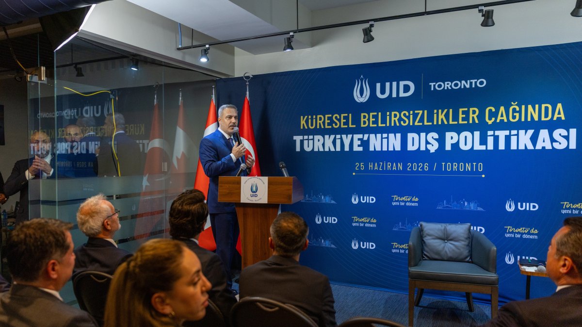 Foreign Minister Hakan Fidan speaks at an event where he met representatives of the Turkish and Muslim communities, Toronto, Canada, June 25, 2026. (AA Photo) 