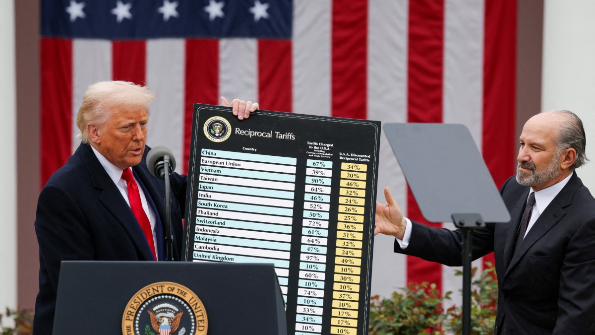  U.S. President Donald Trump holds a chart next to U.S. Secretary of Commerce Howard Lutnick as Trump delivers remarks on tariffs in the Rose Garden, April 2, 2026. (Reuters File Photo)