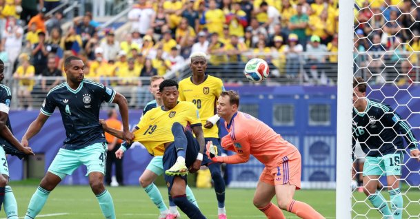 Ecuador's Gonzalo Plata (C) scores during the 2026 FIFA World Cup Group E match against Germany at New York New Jersey Stadium, East Rutherford, U.S., June 25, 2026. (AFP Photo)