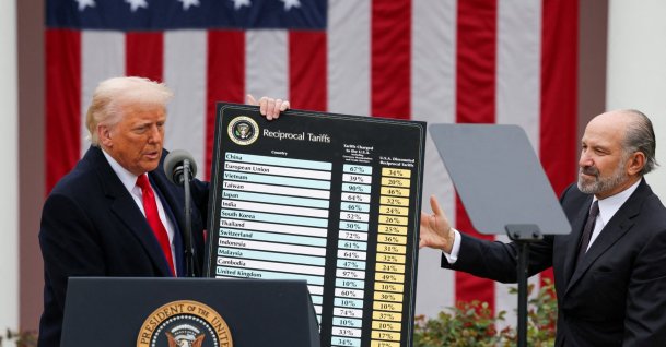  U.S. President Donald Trump holds a chart next to U.S. Secretary of Commerce Howard Lutnick as Trump delivers remarks on tariffs in the Rose Garden, April 2, 2026. (Reuters File Photo)