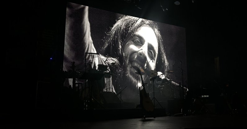 A portrait of legendary musician Kazım Koyuncu is displayed during a commemoration concert, Istanbul, Türkiye, June 20, 2026. (AA Photo)