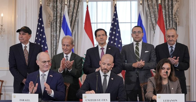 U.S. Secretary of State Marco Rubio and Israel's Ambassador to the U.S. Yechiel Leiter applaud after signing a framework agreement between Israel and Lebanon with State Department Counselor Daniel Holler, and Lebanon's Ambassador to the U.S. Nada Hamadeh, at the State Department in Washington, D.C., U.S., June 26, 2026. (Reuters Photo)