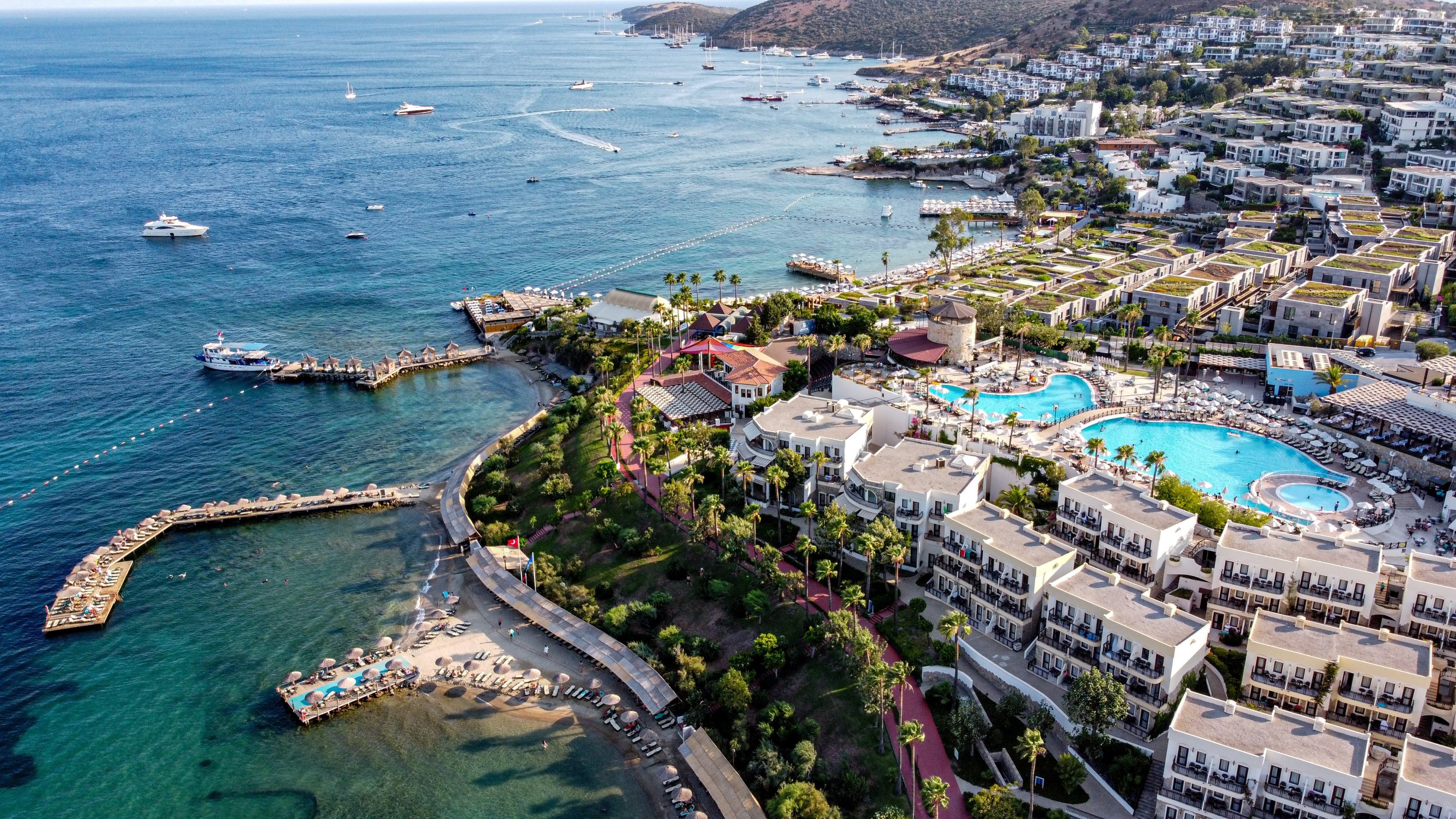 An aerial view of a resort and a beach in Bodrum, Muğla, Türkiye, July 23, 2021. (Getty Images Photo)