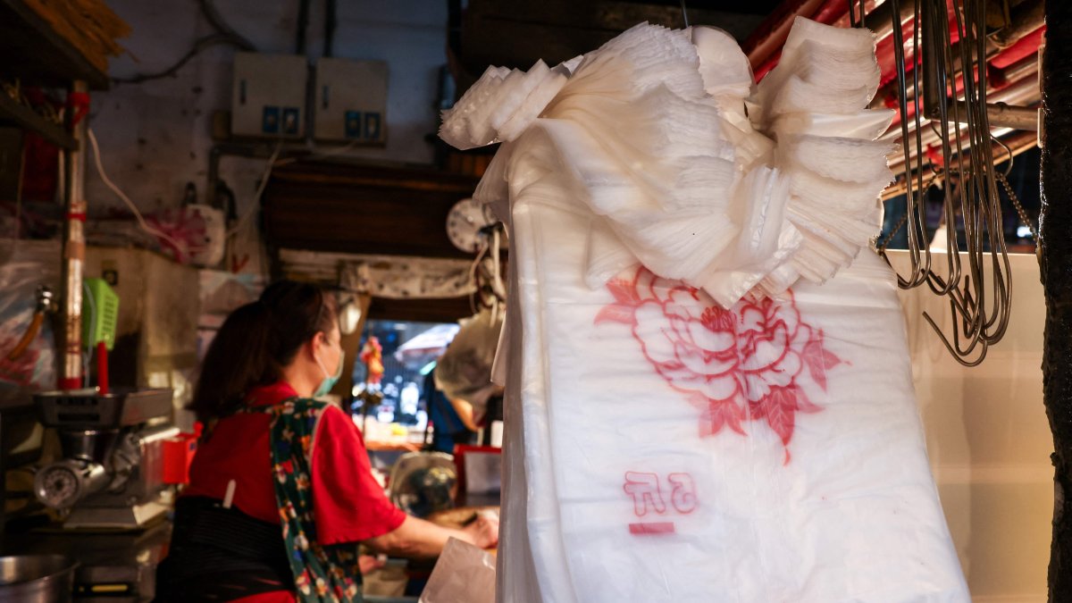Plastic bags are seen at a local market, Keelung, Taiwan, June 9, 2026. (AFP Photo)