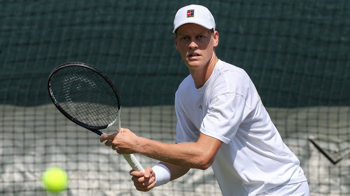 Italy's Jannik Sinner hits a shot at the practice courts at The All England Lawn Tennis and Croquet Club in Wimbledon, London, U.K., June 25, 2026. (AFP Photo)