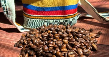 Roasted Colombian coffee is piled in front of a handmade bag, March, 13, 2023. (Shutterstock Photo)