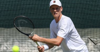 Italy's Jannik Sinner hits a shot at the practice courts at The All England Lawn Tennis and Croquet Club in Wimbledon, London, U.K., June 25, 2026. (AFP Photo)
