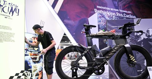 An employee prepares a booth at the Eurobike 2026 fair, Frankfurt, Germany, June 23, 2026. (AFP Photo)
