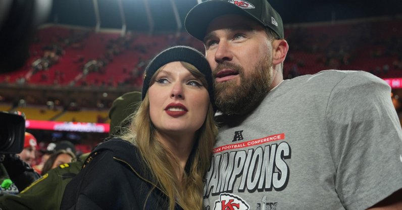 Taylor Swift and Travis Kelce celebrate the Chiefs' victory over the Buffalo Bills in the AFC Championship NFL football game, Kansas City, U.S., Jan. 26, 2025. (AP Photo)
