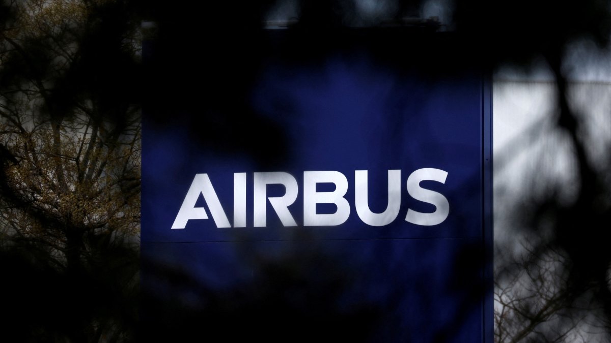 The logo of Airbus is seen at the entrance of a building in Toulouse, France, March 11, 2021. (Reuters Photo)