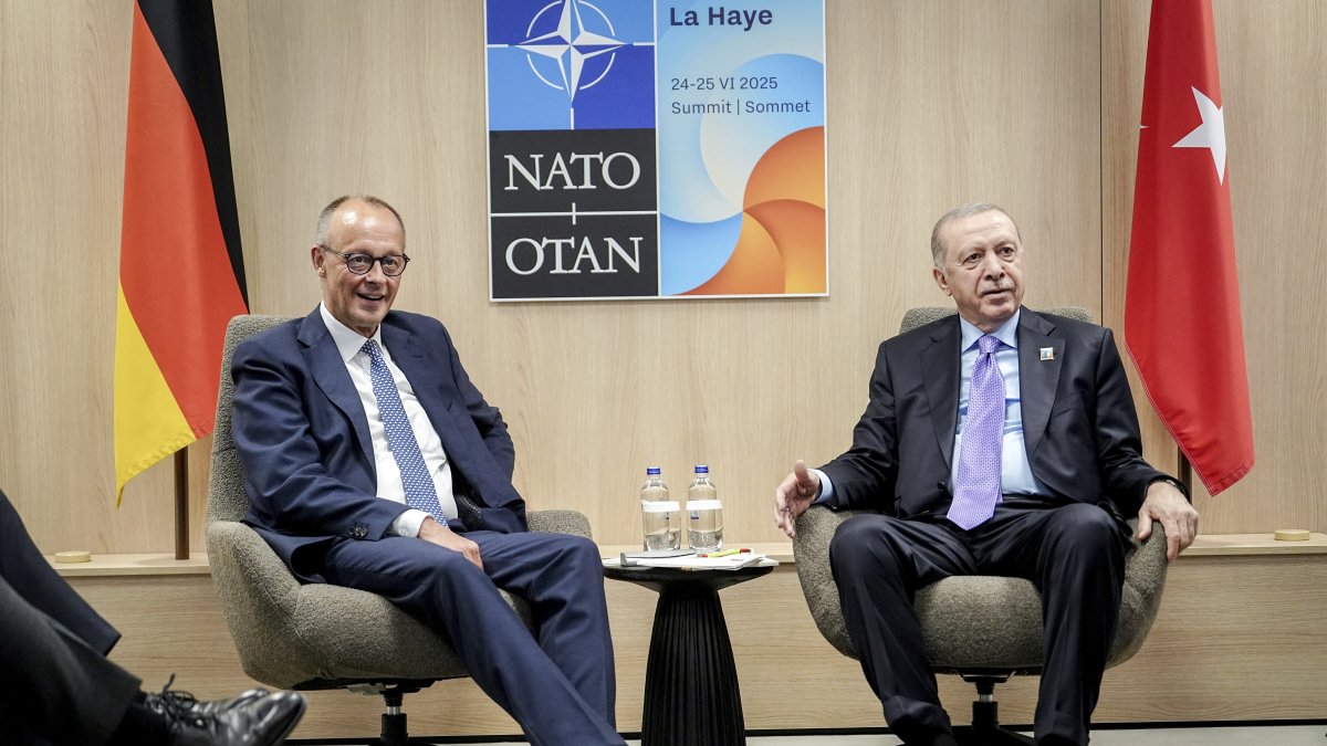President Recep Tayyip Erdoğan and German Chancellor Friedrich Merz take part in a bilateral meeting at the NATO summit, The Hague, Netherlands, June 25, 2025. (AP Photo)