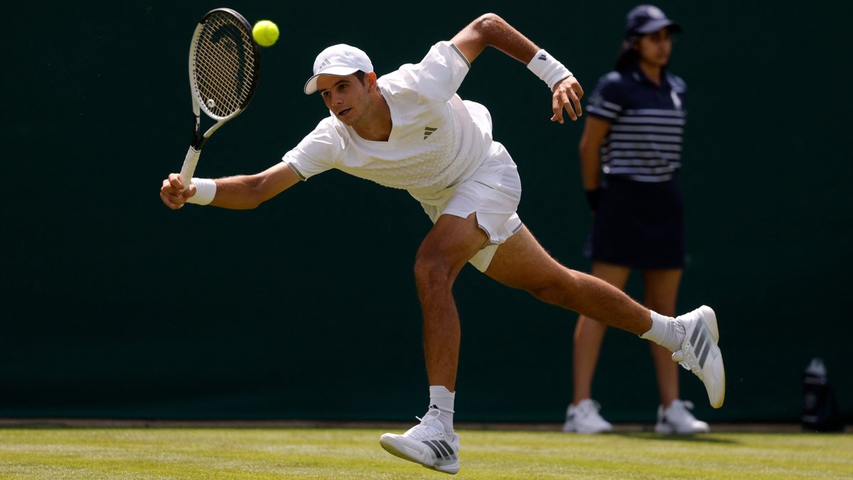 Spain's Rafael Jodar in action during his first-round Wimbledon match against Britain's Felix Gill, London, U.K., June 29, 2026. (Reuters Photo)
