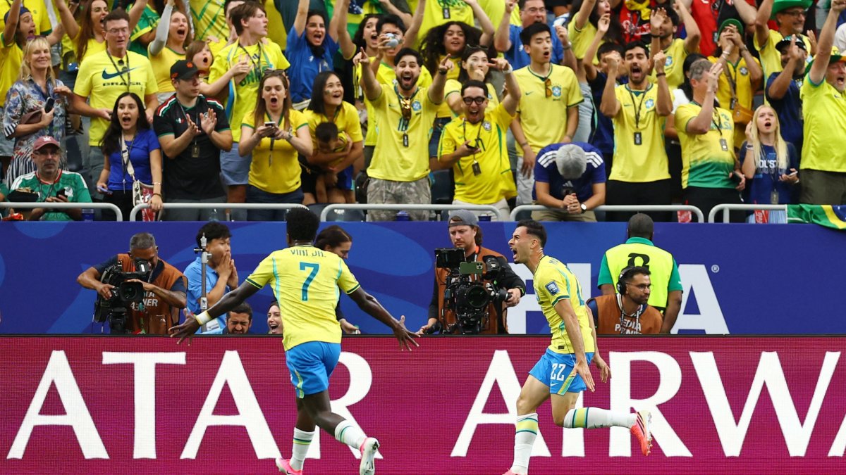 Brazil's Gabriel Martinelli celebrates scoring their second goal with Vinicius Junior during the match against Japan, Houston, Texas, U.S., June 29, 2026. (Reuters Photo)