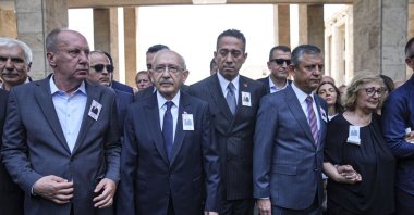 CHP leader Kemal Kılıçdaroğlu (2nd L), CHP parliamentary group leader Özgür Özel (2nd R), and CHP lawmaker Ali Mahir Başarır (C) attend a funeral ceremony for deceased CHP lawmaker in Ankara, Türkiye, June 25, 2026. (AA Photo)