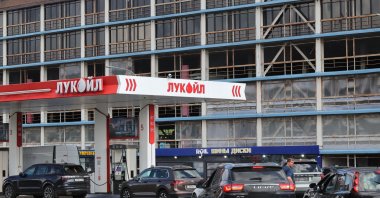 Cars line up at a Lukoil gas station in Moscow, Russia, June 25, 2026. (EPA Photo)