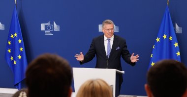 Maros Sefcovic, European Commissioner for Trade and Economic Security, Interinstitutional Relations and Transparency, speaks during a press point on EU-China relations in Brussels, Belgium, June 29, 2026. (EPA Photo)