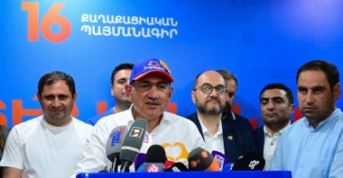 Armenian Prime Minister and leader of the Civil Contract party Nikol Pashinyan holds a press conference following the parliamentary election at the party's headquarters in Yerevan, June 8, 2026. (AFP Photo)