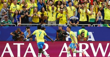 Brazil's Gabriel Martinelli celebrates scoring their second goal with Vinicius Junior during the match against Japan, Houston, Texas, U.S., June 29, 2026. (Reuters Photo)
