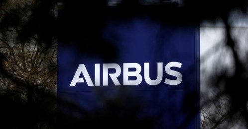 The logo of Airbus is seen at the entrance of a building in Toulouse, France, March 11, 2021. (Reuters Photo)