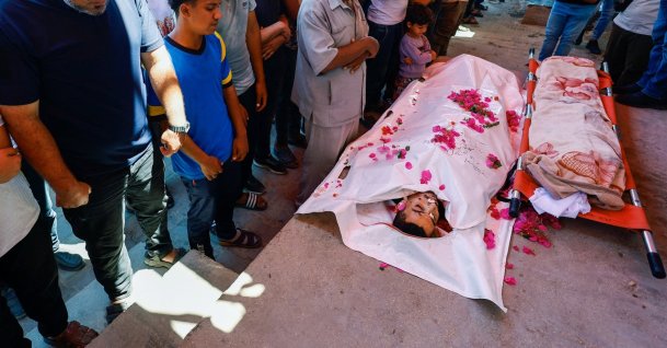 Mourners attend the funeral of Palestinians who were killed in an Israeli strike, according to medics, at Al-Aqsa Martyrs Hospital in Deir al-Balah, in the central Gaza Strip, June 29, 2026. (Reuters Photo)