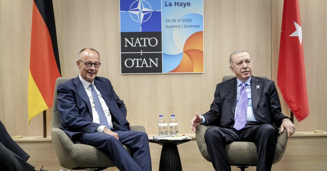 President Recep Tayyip Erdoğan and German Chancellor Friedrich Merz take part in a bilateral meeting at the NATO summit, The Hague, Netherlands, June 25, 2025. (AP Photo)