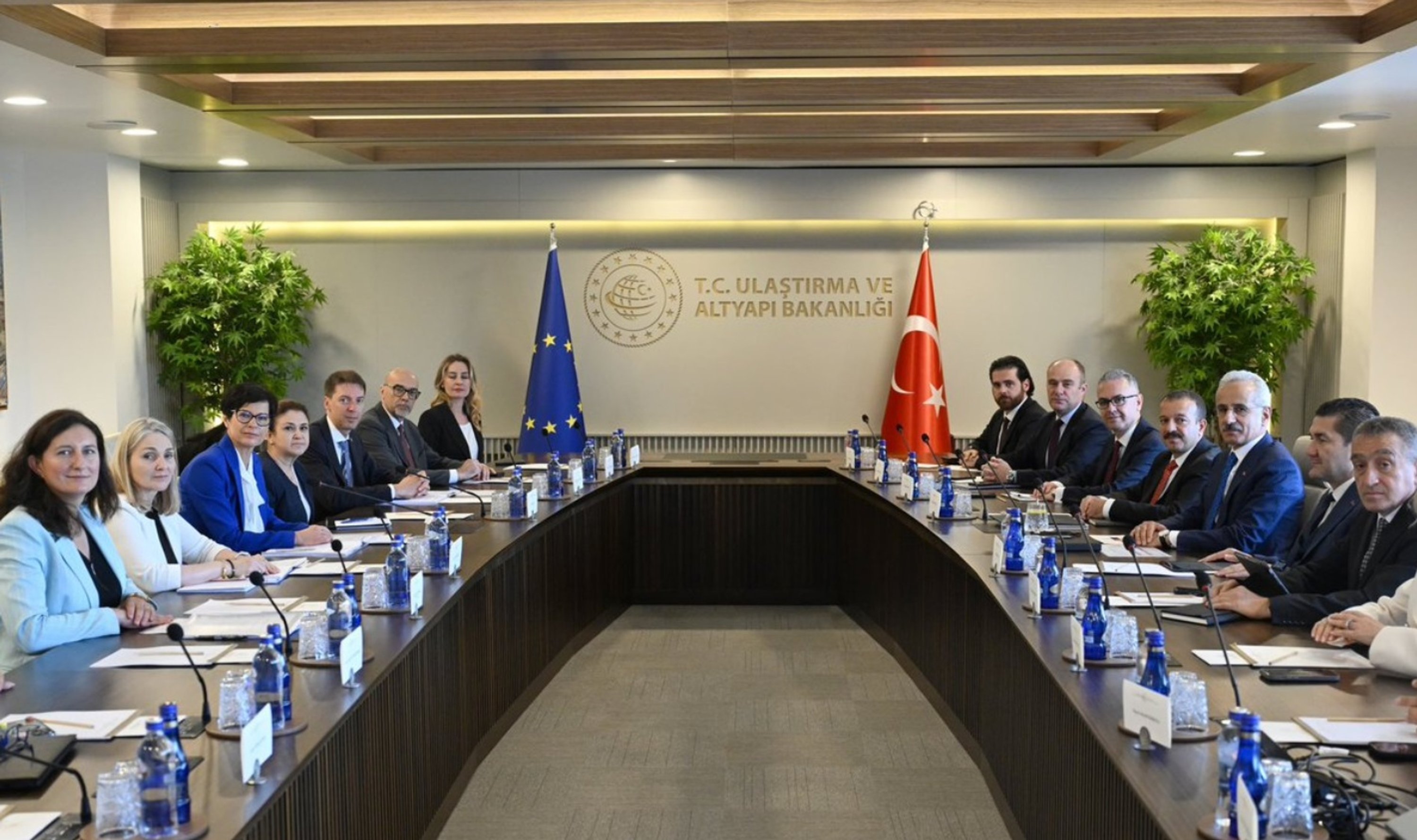 Delegations led by Transport and Infrastructure Minister Abdulkadir Uraloğlu (3rd R) and EU Commissioner for Enlargement Marta Kos (3rd L) pose for a photo before a meeting, Ankara, Türkiye, June 30, 2026. (DHA Photo)