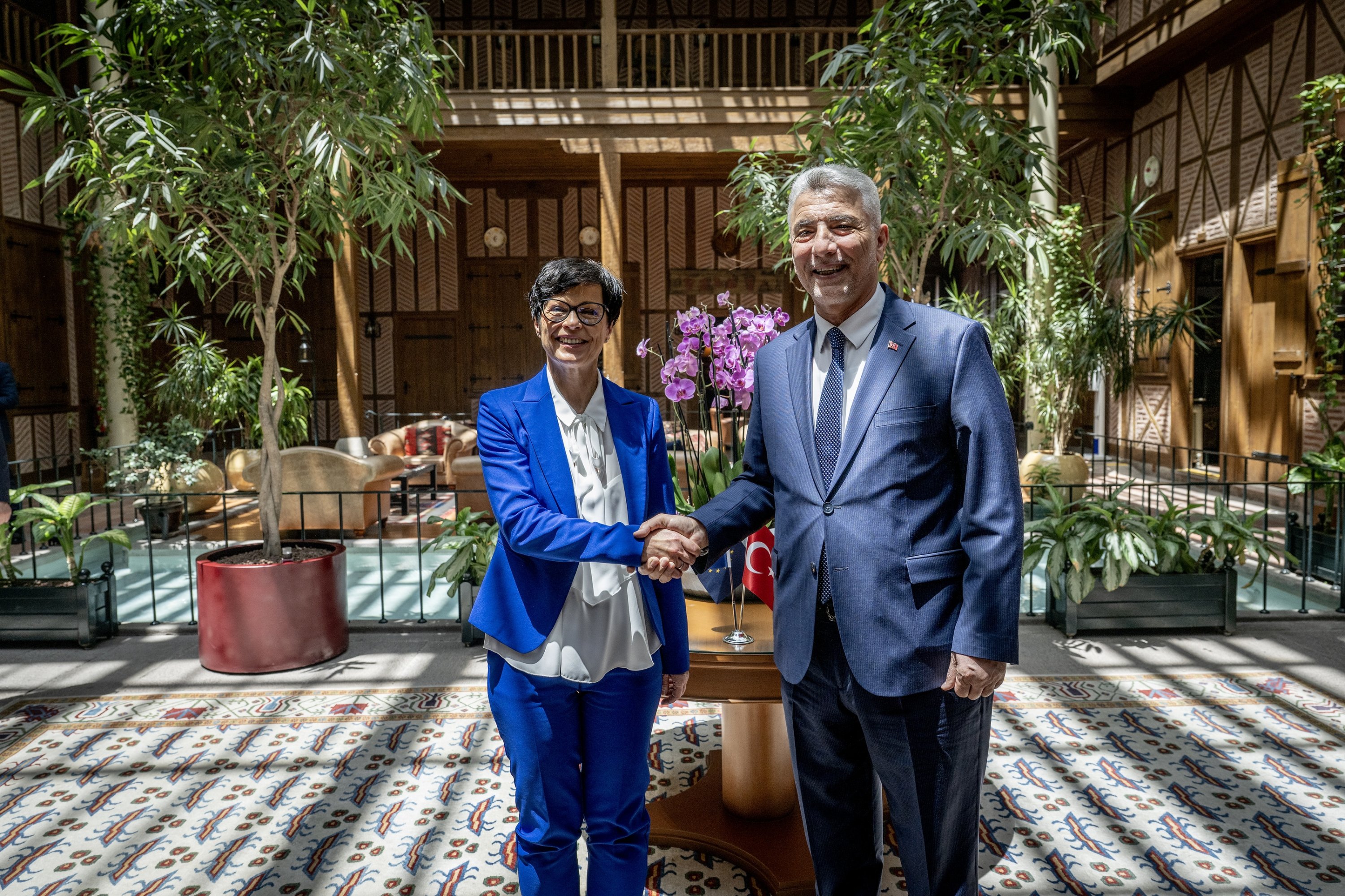 Trade Minister Ömer Bolat (R) shakes hands with EU Commissioner for Enlargement Marta Kos before their meeting, Ankara, Türkiye, June 30, 2026. (AA Photo)